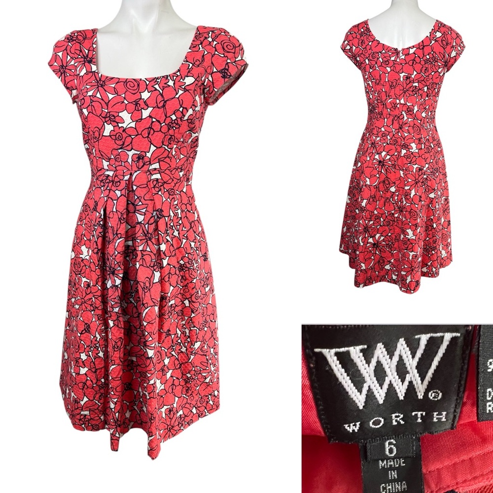 Worth dress size 6 coral pink Floral cap sleeve A-line knee length cotton‎